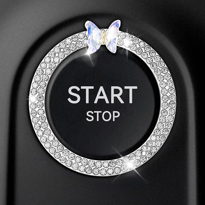 Bling Car Push Start Button Accessories for Women, Sparkling Butterfly Rhinestone Car Engine Push to Start Button Cover Decoration Ring Emblem, Car Interior Decoration Accessories (White)