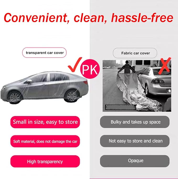 Car Essential Universal Disposable Clear Plastic Car Cover Suitable for SUV Sedan (Membrane Size：11.8ft x 21ft) with Elastic Band for Outdoor Snow Rain Weather，Individually Packaged, Super Convenient