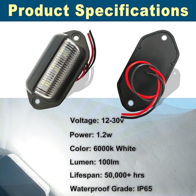 20PCS Xenon White LED License Plate Light, 12V-24V DC Waterproof 6-SMD License Plate Lamp Taillight, For Truck SUV Trailer Van RV Boats as Step Courtesy Light, Dome/Cargo Lights or Under Hood Light