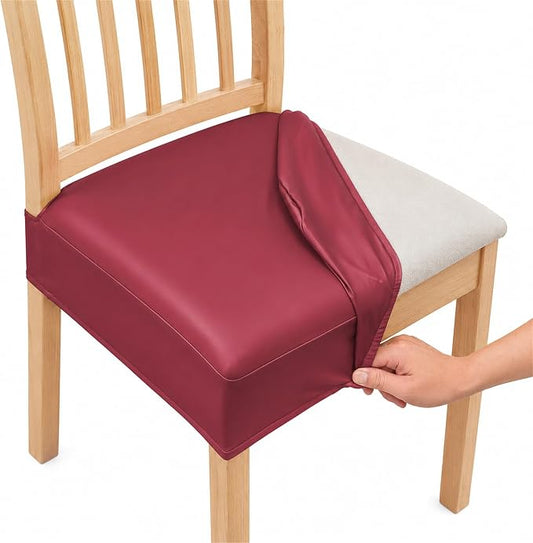 NILUOH Waterproof Seat Covers for Dining Room Chairs Set of 4, Pu Leather Chair Seat Slipcovers Dining Chair Cover Removable Washable Chair Protctor Cover, Rear Covers (PU-Red Wine)