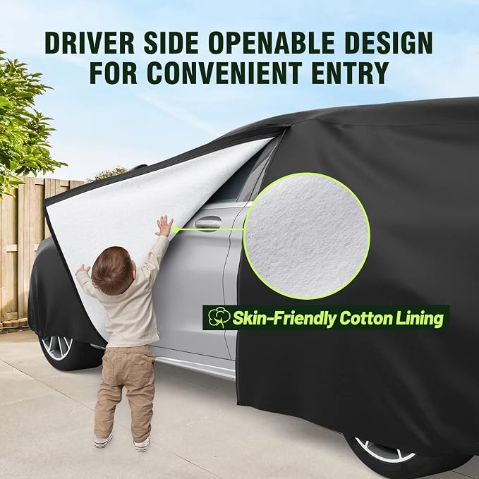 Favoto Car Cover Waterproof All Weather Windproof for SUV up to 181 Inches | UV Protection, Soft Cotton Lining, Driver Door Zipper, Reflective Strips and Storage Bag Included with Vehicle Fitment Black