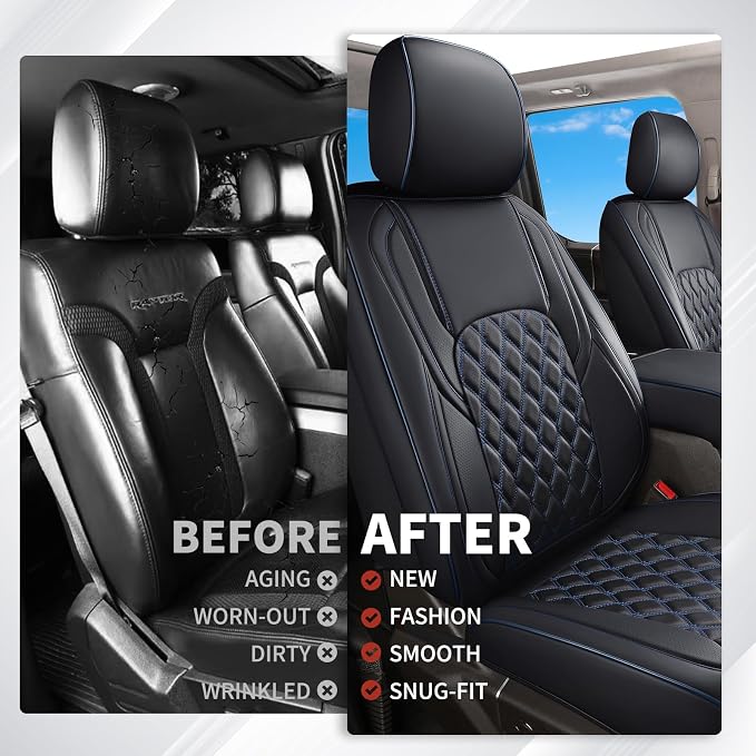 Huidasource Faux Leather Front&Rear Truck Seat Cover Custom Fit for 2015-2026 Ford F150 SuperCrew & 2017-2026 F250 F350 F450 Super Duty Crew Cab XL XLT Lariat King Ranch Platinum(Full Set/Black&Blue)