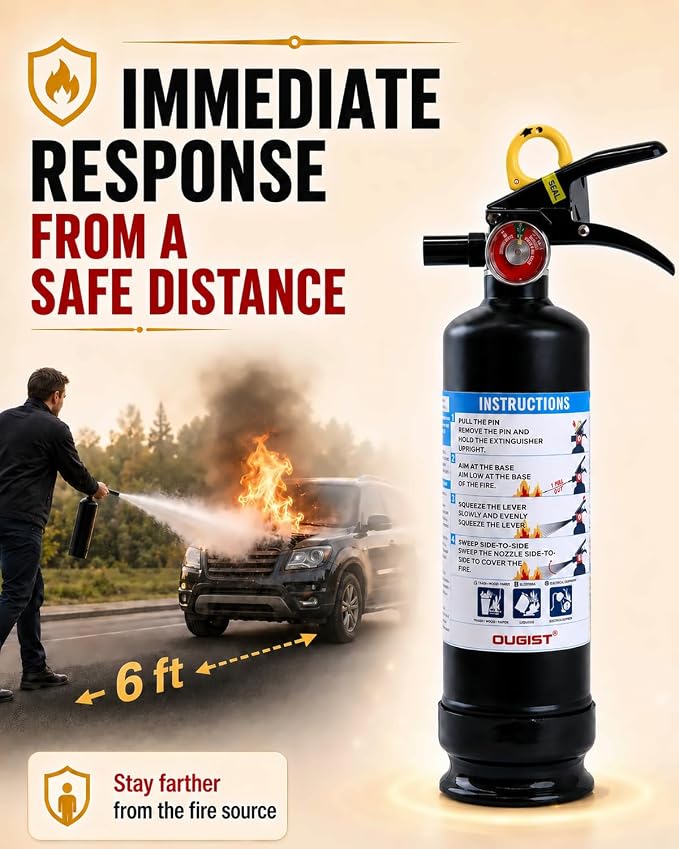 Ougist Car Fire Extinguisher, 1-A:10-B:C, FF1KG, 2.5lb Dry Chemical, 1 Pack | Automotive Multi-Purpose Extinguisher for Small Vehicle Fires In Cars, Trucks and Rvs; Compact Body with Quick-Release Handle