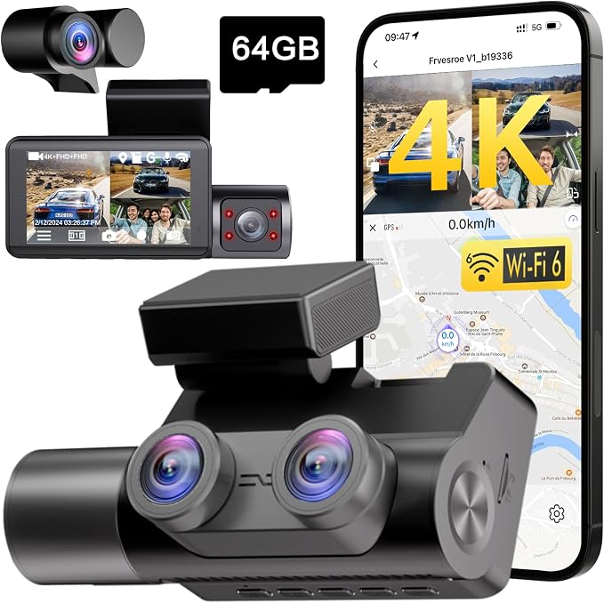 4K 3 Channel Dash Cam Front and Rear Inside, WiFi 6 GPS, 64GB Card | 4K+1080P+1080P, IR Night Vision, 24H Parking Mode, G-Sensor, Loop Recording, Dashcam for Rideshare Taxi Drivers Family