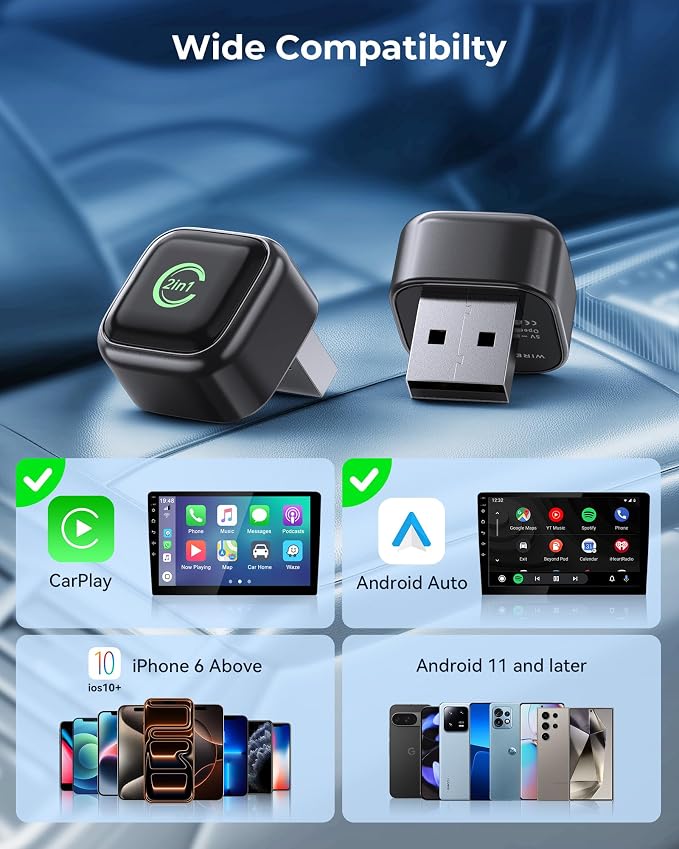 KUKIHO 2-in-1 Wireless CarPlay & Android Auto Adapter – Instant Auto-Connect, Low Latency, USB-C & USB-A Compatible for Factory Wired CarPlay Vehicles