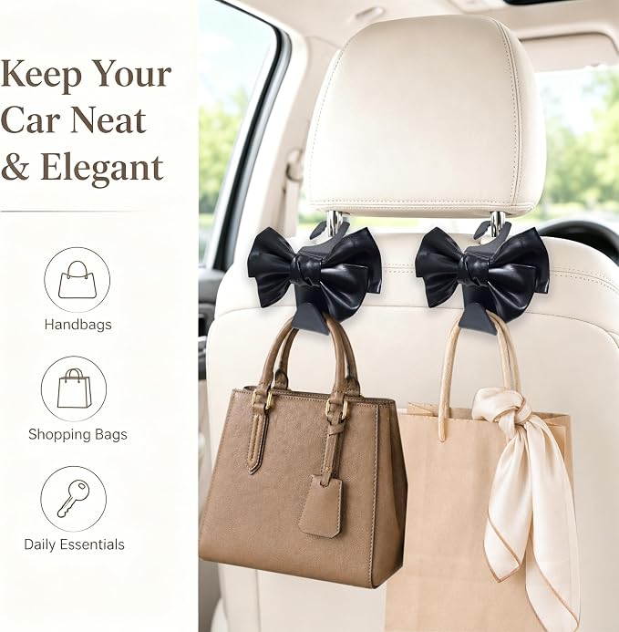 2 Pack Car Purse Holder for Handbags and Bags, Headrest Back Seat Hooks for Cars, Car Bag Hanger for Groceries, Coats, Umbrellas and Daily Essentials, Bow-Shaped Car Interior Organizer (black)