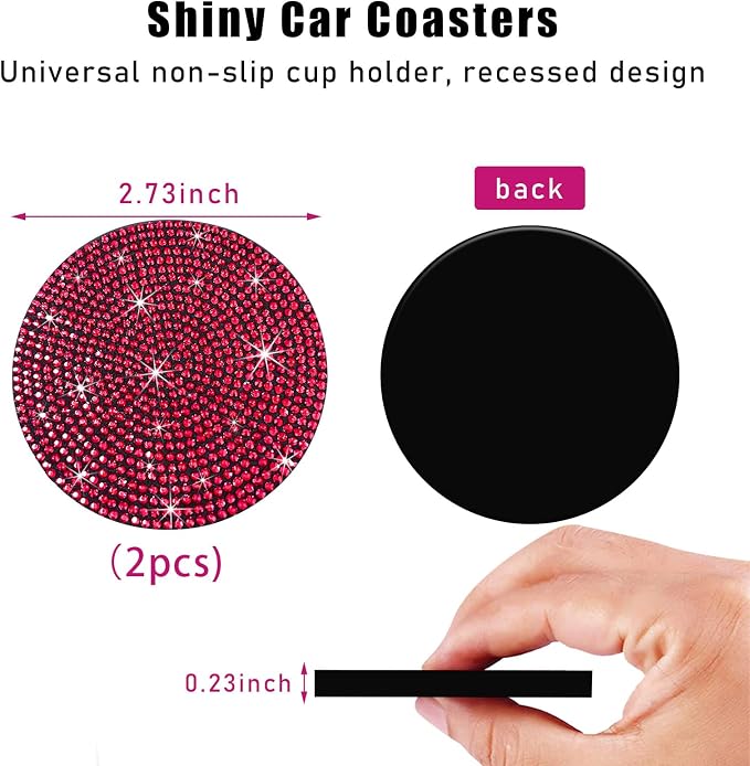 Ziciner 2PCS Bling Car Cup Holder Coaster, 2.73 Inch Anti-Slip Cup Insert Coasters, Crystal Rhinestone Auto Drink Cup Mat, Universal Interior Decor Car Accessories for Women Girls (Red)