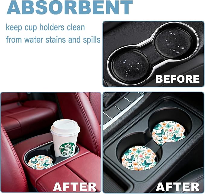 Car Cup Holder Coaster Set of 2, 2.56 in Ceramic Coasters, Scratch-Resistant Cork Backing, Finger Groove Design for Easy Placement, Cute Car Accessories Interior for Women (Butterfly)