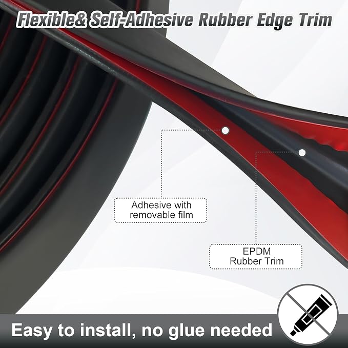 Rubber Edge Trim, 1/8" (3mm) Edge Trim, Flexible Self Adhesive U Channel Edge Protector for Glass, Mirror, Plywood, Steel Panel Sharp Edges, U Shaped Peel and Stick Trim, Black Color, 10Ft