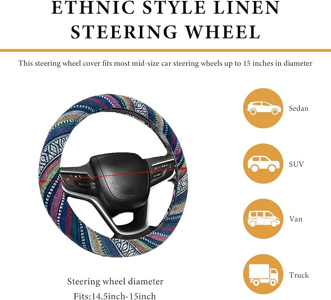 Boho Steering Wheel Cover, 15 Inch Coarse Flax Cloth Ethnic Style Anti-Slip Car Wheel Wrap, Universal Breathable Bohemian Steering Wheel Protector for Cars Vans Trucks (B)