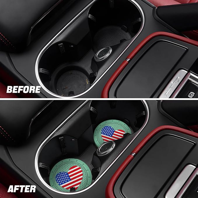 AUCELI 2 Pack Car Cup Holder Coasters, Colored American Flag US Flag Insert Car Cup Coaster, 2.75 Inch Anti Slip Shockproof Embedded Drink Mat, Vehicle Interior Decor Accessories