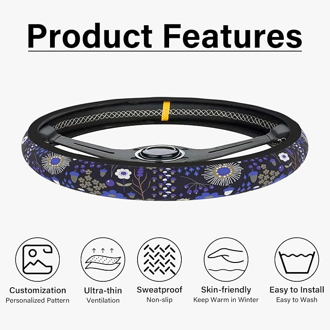 Magic Forest Steering Wheel Cover, Cute Purple Floral Steering Wheel Cover for Women, Ultra-Thin Skin-Friendly Breathable Sweatproof and Non-Slip, for Steering Wheel with a Diameter of 14.5"-15"