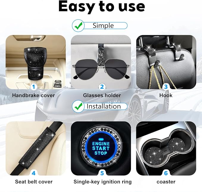 8PCS Bling Car Accessories Set, Sparkly Rhinestone Vehicle Steering Wheel Seat Belt Gear Shift Start Stop Button Cover, Diamond Auto Cup Holder Coaster Decoration, Universal Fit (Black)
