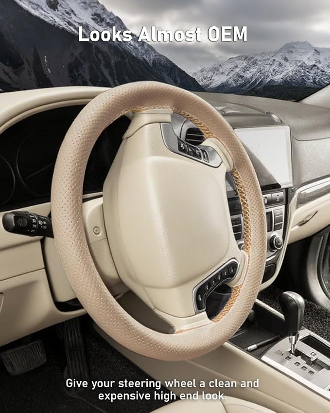 Belinous Perforated Leather Car Steering Wheel Cover (Size M4, Light Beige) | Stitch On Wrap, Universal fit 13-20 Inch, Whole Piece of Cowhide, DIY w/Needle Thread, Breathable Anti-Slip Design