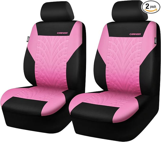 CAR PASS Car Seat Covers Two Front Only for Car, 3D Tyre Print Automotive Interior Covers, Airbag Compatible, Quick Setup Universal Fit Seat Covers for Car, Truck, SUV(Black and Pink)