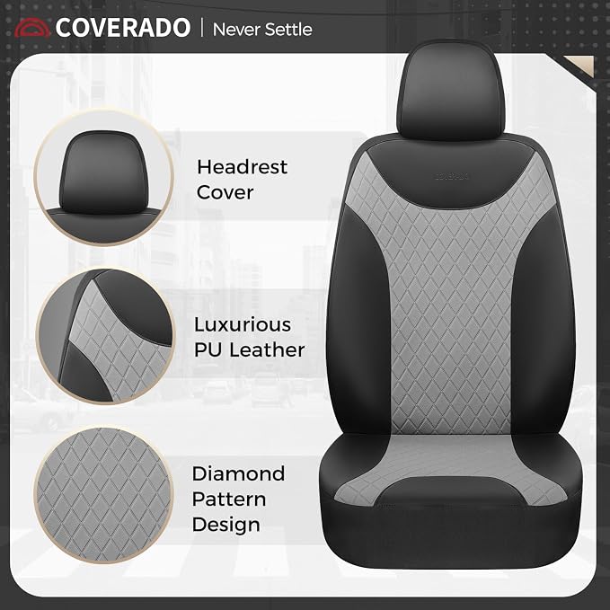 Coverado Car Seat Covers, 2 Seat Waterproof Seat Covers for Cars, Leather Driver Seat Covers, Front Car Seat Protectors Automotive Seat Cushions Universal Fit for Most Sedan, SUV, Truck, Black & Gray