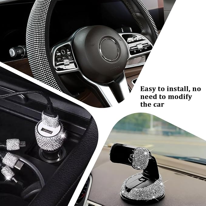 27PCS Bling Car Accessories Set for Women, 14.5-15" Crystal Rhinstone Steering Wheel Cover, License Plate Frame, USB Charger Phone Holder, Girly Auto Interior Decor Set, Universal Fit (White)