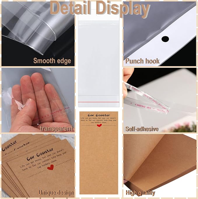 100PCS Car Coasters Packaging for Selling, Sublimation Blanks Car Coaster | Sublimation Display Card Set with Bags and Brown Cards 6.8 x 2.9 Inch,Heat Press Machines Accessories (Brown)