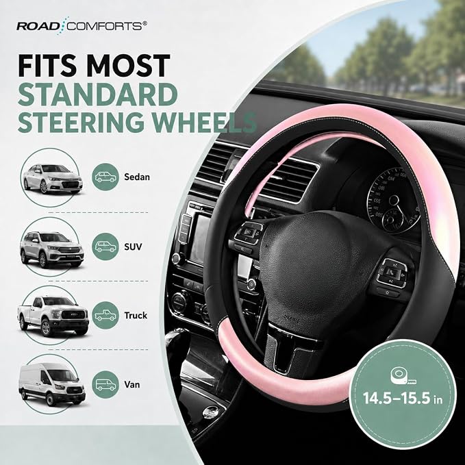 Road Comforts Steering Wheel Cover – Breathable Leather Steering Wheel Cover, Anti-Slip Grip, Universal Fit 14.5” to 15”, Heat & Cold Resistant for Cars, SUVs, and Trucks – Black & Shining Pink