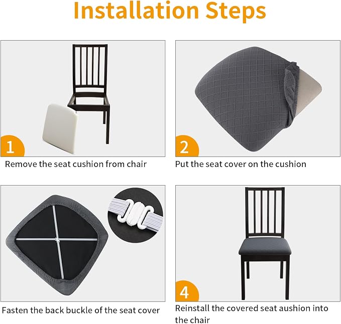 Fuloon Waterproof Seat Cushion Covers 4 PCS, Stretch Jacquard Chair Seat Covers Washable Dining Room Seat Slipcovers Removable Kitchen Chair Protector (4, Waterproof-Dark Grey)