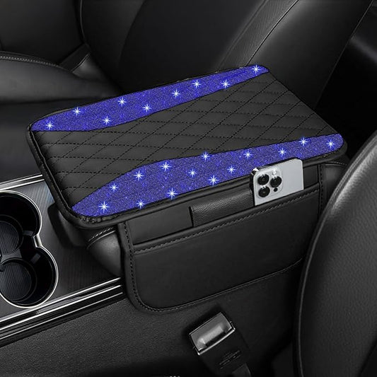 NBTEPEM Bling Car Center Console Cover, Leather Arm Rest Cover for Car with 2 Storage Bags, Universal Car Middle Console Cover Diamond Car Accessories Interior Fit for Most Vehicles, Blue Diamond