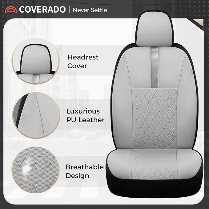 Coverado Car Seat Covers Front Pair, Automotive Leather Seat Covers for Car，Universal Fit Front Back Seat Cover, Non-Slip Waterproof Breathable Car Seat Protector