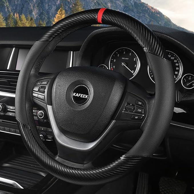 KAFEEK Carbon Fiber Steering Wheel Cover for Men, Car Accessories, Black | Universal 15 Inch Sporty & Thin Cover, Anti-Slip Breathable Leather with Racing Red Center Stripe