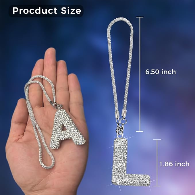 Bling Car Accessories for Women Letter Charm, Rear View Mirror Ornament Cute Hanging Crystal Pendant Girl Car Decorations, Lucky Diamond Rhinestone Girly Charm Interior (White L)