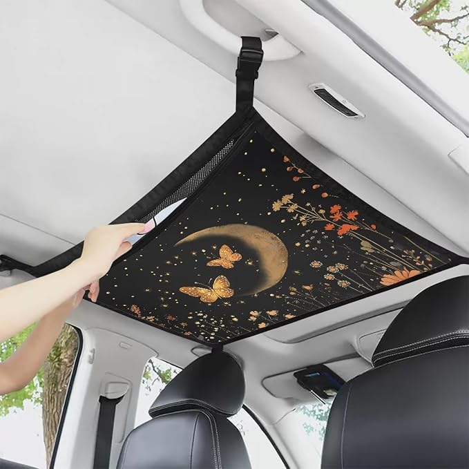 Dreaweet Moon Butterfly Flower Car Ceiling Cargo Net,Teal Car Ceiling Organizers and Storage Net Car Camping Accessories Interior Roof Cargo Net for SUV Mini Van Truck Sedan