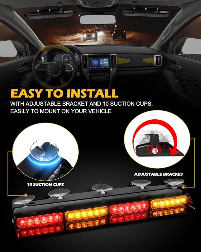 HLauto 604N Emergency Dash Strobe Lights: 2x16.8 inch Amber Red Security Light w/Take Down, 48 LED Safety Flashing Warning Hazard Interior Windshield Light Bar for Trucks Vehicles