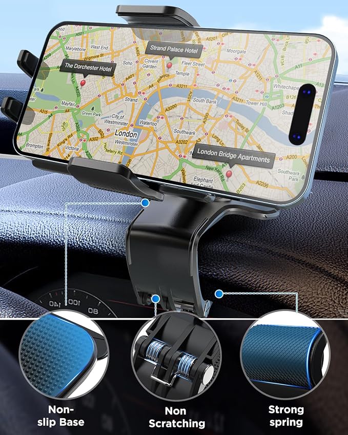 IPOW Car Dashboard Phone Clip Holder, 360 Degrees Rotation Dash Steering Wheel Phone Clamp Mount Compatible with iPhone 15 14 13 Pro Max and 4-7 Inch Smartphones (NOT Universal - Please Check)