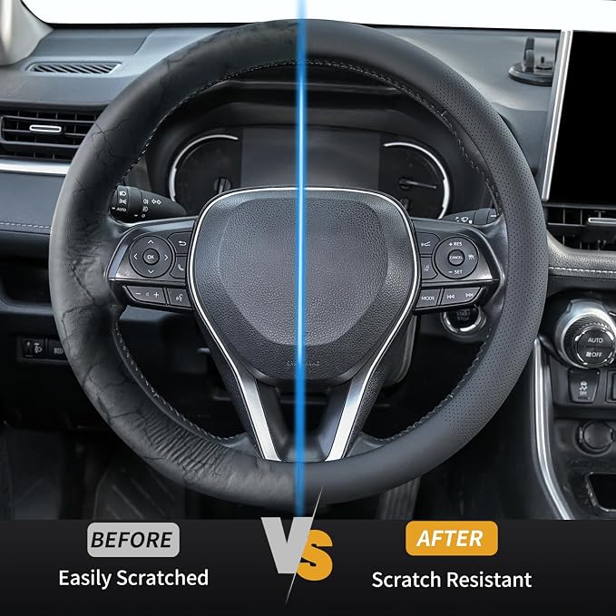 Uxcer Nappa Leather Steering Wheel Cover, Universal 14.5–15 Inch Non-Slip Breathable Steering Wheel Cover for Cars, Black