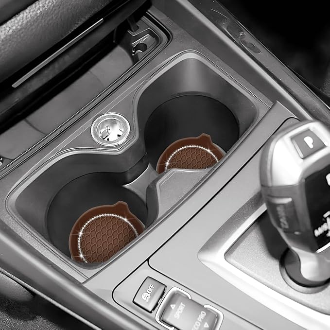4PCS Bling Car Cup Holder Coaster, Crystal Rhinestone Insert Dustproof Non-Slip Drink Cup Mat, Diamond Shockproof Auto Interior Water Bottle Pad Cushion Coaster, Universal Fit (Coffee)
