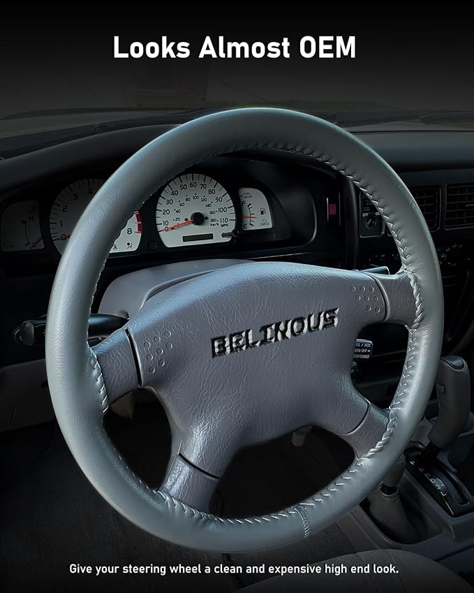 BELINOUS Leather Steering Wheel Cover Lace Up, Stitch on Steering Wheel Wrap, Universal Fit 13-20 Inch Car Truck Pickup Boat, A Whole Piece of Cowhide, DIY w/Needle Thread (Size M2, Gray)