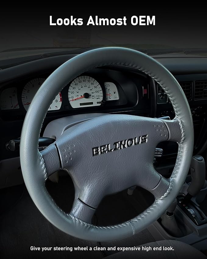 BELINOUS Leather Steering Wheel Cover Lace Up, Stitch on Steering Wheel Wrap, Universal Fit 13-20 Inch Car Truck Pickup Boat, A Whole Piece of Cowhide, DIY w/Needle Thread (Size L1, Gray)