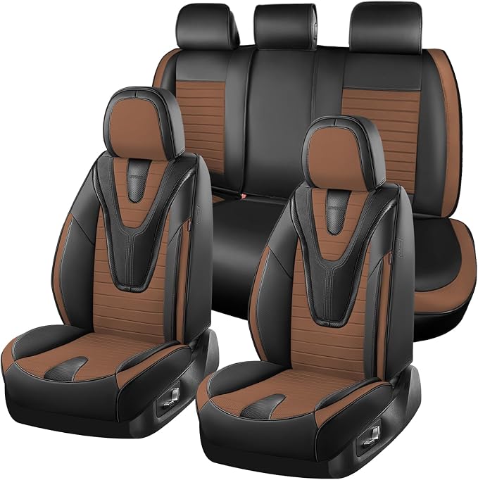 Coverado Car Seat Covers Full Set, 5 Pieces Waterproof Leather Seat Covers, Universal Fit for Cars SUVs Sedans,Black Brown