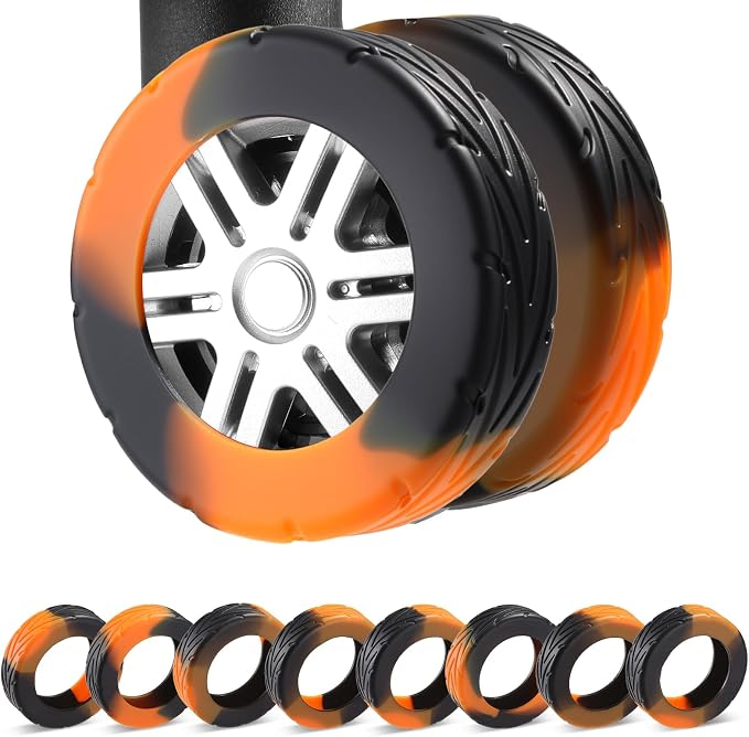 8Pcs Upgrade Luggage Wheel Covers,Travel Accessories (Carbon Black/Orange) | Wear-resistant & anti-noise silicone covers. Fits 2-2.4" wheels. Protects suitcase wheels. Travel essential for suitcases