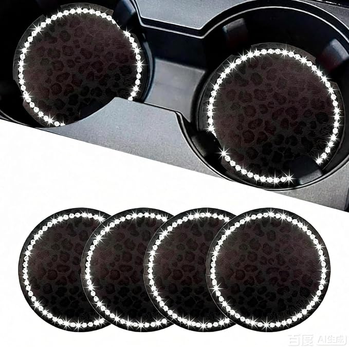 Leopard Car Coasters for Cup Holders, 4 Pack Silicone Cheetah Car Cup Holder Insert Coasters, 2.75" Universal Non-Slip Cup Holder Coaster, Car Interior Accessories for Women (Black)