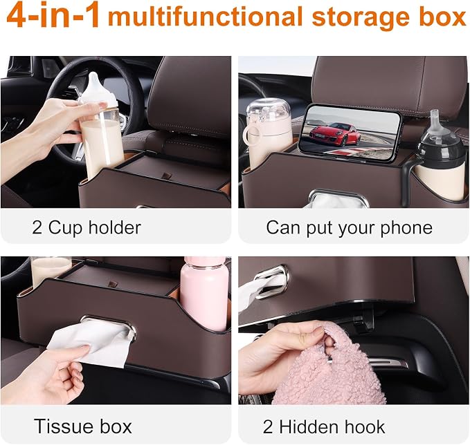Car Rear Backseat Extra Multifunctional Drink Cup Holder Organizers with Tissue Storage Box Organizer & Hooks for Car Seat Back. Brown