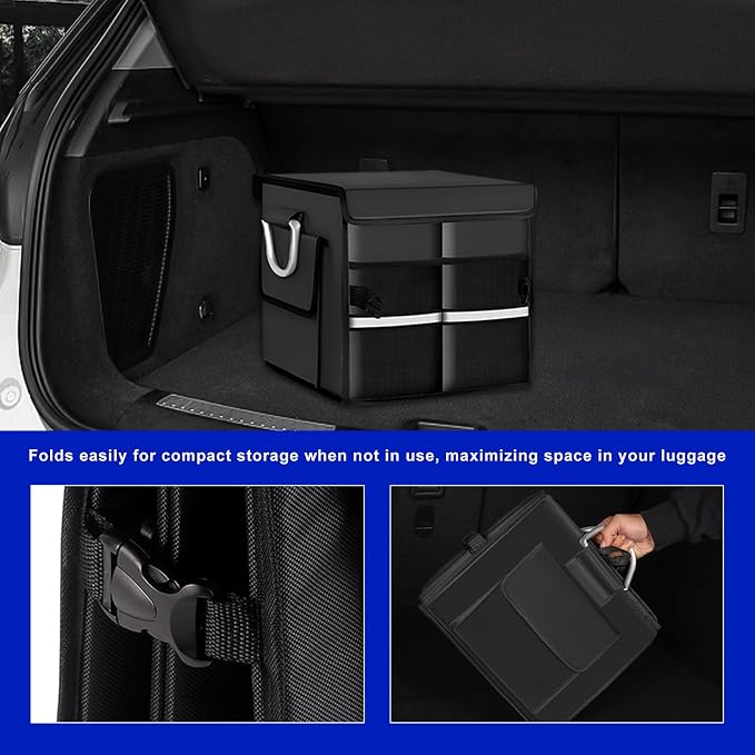 Car Trunk Organizer with Lid, 28L Collapsible Oxford Auto Storage Organizer with Reflective Strip & Handle, Multi-Purpose 2-Compartment Cargo Container for Cars SUVs Trucks (Black)