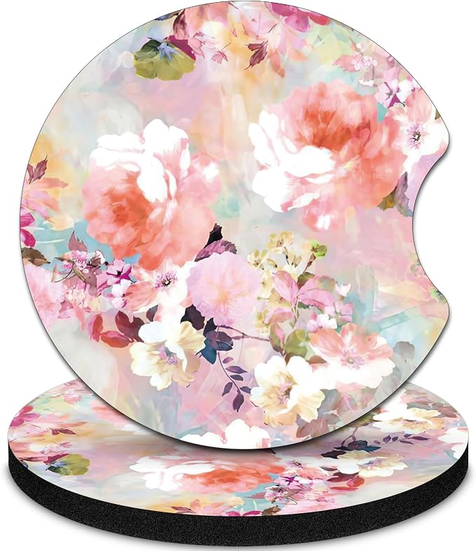 2 Pack Car Coasters，2.75-inch Neoprene Non-Slip Cup Holder Coasters for Car，Cute Car Interior Accessories for Men and Women，Pink Flower