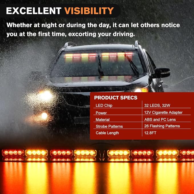 Nilight 32LED Amber Red Emergency Dash Strobe Lights with Controller Suction Cups Warning Hazard Interior Front/Rear Windshield Deck Split Light Bar for Trucks Construction Vehicles