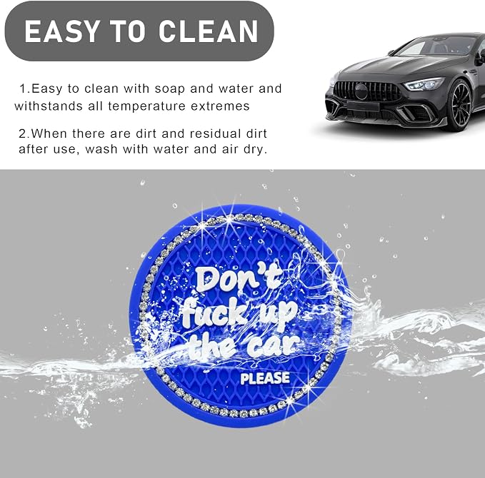 Ohleats Bling Car Cup Coaster, 2.75 Inch Non-Slip Don't Fuck Up My Car Please Cup Holder Insert Coaster, Crystal Rhinestone Auto Drink Cup Mat, Universal Car Accessories (Blue-4PCS)