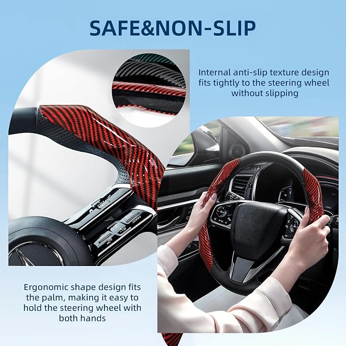 Carbon Fiber Steering Wheel Cover 2PCS Segmented Clip-on Protector (Red) | Universal Fit, Anti-Slip Lining, Sporty Style, Car Interior Accessory for Men and Women