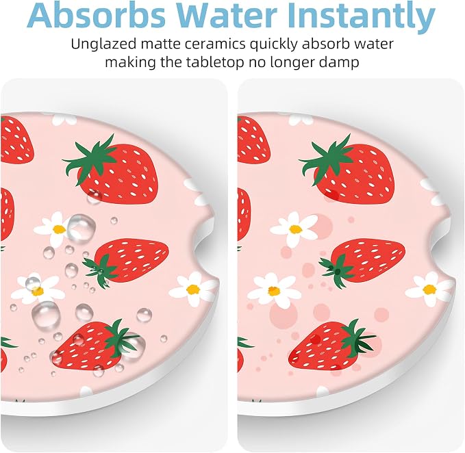 2 Pack Car Coasters for Cup Holders, 2.56" Universal Absorbent Ceramic Stone Car Cup Holder Coasters with Non-Slip Cork Base, Car Interior Accessories for Women Men(Cute Strawberry)
