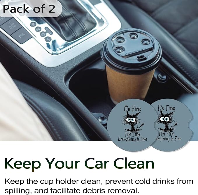 Car Coasters for Cup Holders - I'm Fine Funny Cat | 2 Pack Anti Slip Universal Rubber Car Cup Coaster for Women Men, Car Interior Accessories