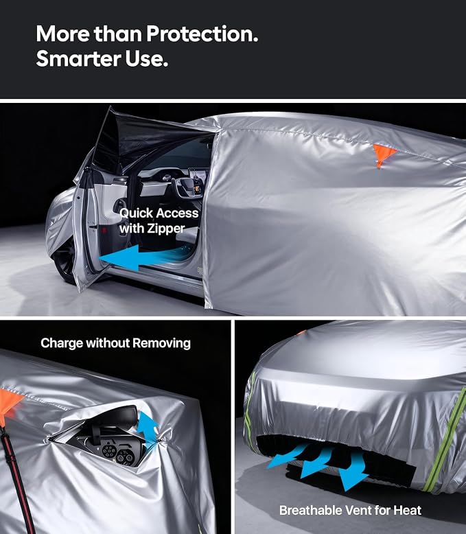 Wigoo Tesla Model S Car Cover Accessories 2012-2026, Custom Fit Waterproof All Weather Outdoor Full Car Cover, Windproof UV Rain Snow Dust Protection, Door Zipper, Charging Port, Ventilated Mesh