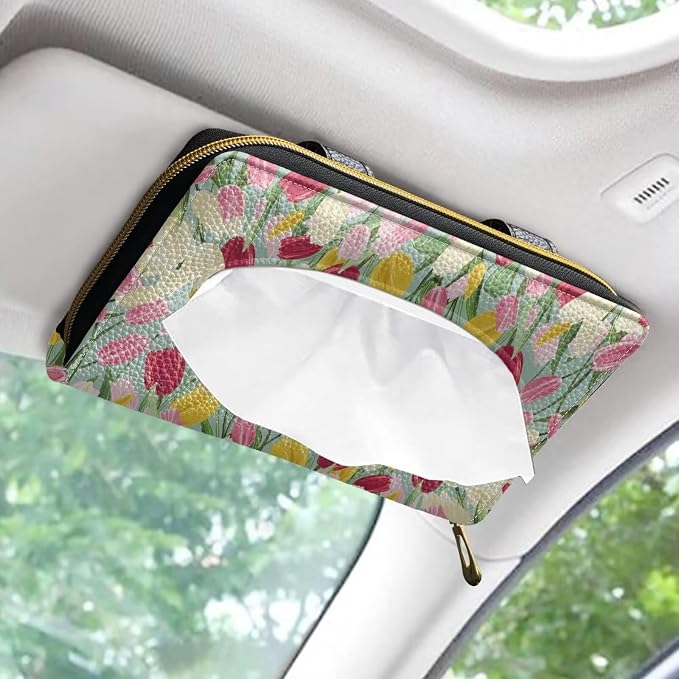 Tulips Visor Tissue Holder for Car Sun Visor Napkin Holder Car Visor Accessories PU Leather Visor Tissue Holder Universal Fit