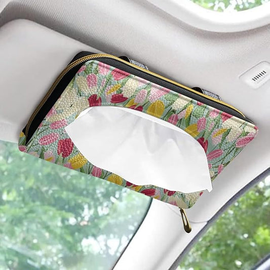 Tulips Visor Tissue Holder for Car Sun Visor Napkin Holder Car Visor Accessories PU Leather Visor Tissue Holder Universal Fit