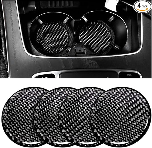 BESULEN Car Cup Holder Coaster, 4 PCS Carbon Fiber Non-Slip Embedded Coasters, Universal 2.75 Inch Cup Holder Insert Coaster Pad, Sports Racing Durable Drink Mat, Car Interior Accessories